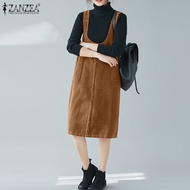 ZANZEA Women Vintage Corduroy Sundress Autumn Overalls Dress Casual Sleeveless Solid Midi Vestidos Robe Femme Suspenders Dress