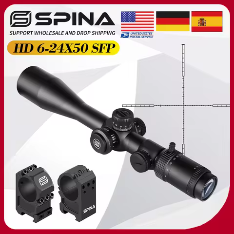 SPINA OPTICS 6-24x50 SF Second Focal Plane RifleScope BDC Etched Glass Reticle Red&Green Illuminated