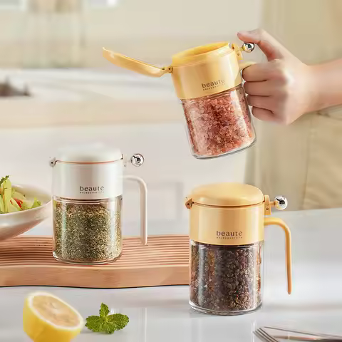 @*Sealed Seasoning Jar Moisture-proof Glass Seasoning Jar With Spoon Kitchen Salt Seasoning Box Seas