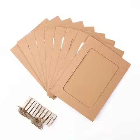 10pcs Photo Cardboard Picture Frame, DIY Paper Photo Frame With Wooden Clips, Wall Decoration, Bedro