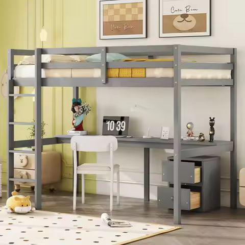 Twin Loft Wood Bed with Under-bed, Built-in Desk, a Storage Cabinet of 2 Drawers, Guardrails, Ladder