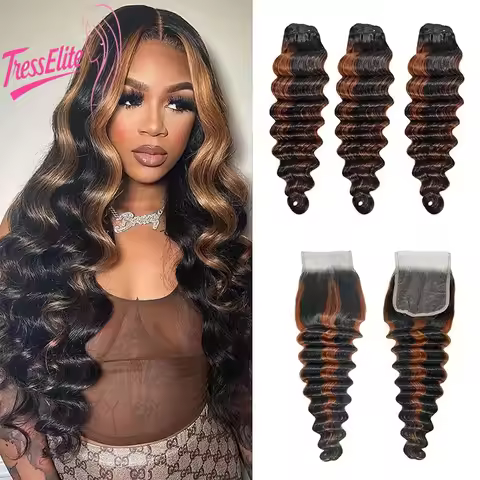 Premium T1b/30 Loose Deep Wave Human Hair 3 Bundles + 1 Closure Soft Bouncy Light Weight High Qualit
