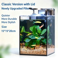 15x15x20cm Nano Fish Tank with Lid, Quiet Filter & LED Light, Complete Aquarium Kit for Betta, Guppy