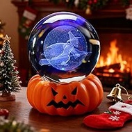 3D Witch and Moon Crystal Ball with LED Resin Stand 60mm Glass Globe with Pumpkin Night Light Base H
