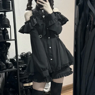 （BJYX) Japanese Gothic Lolita Dress Set Women Harajuku Y2k Bow Lace Ruffles Collar Mini Dresses Fema