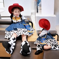 Girls Cowgirl Woody Costume Long Sleeve Shirt Ruffle Skirt Red Cowboy Hat Kids Cos