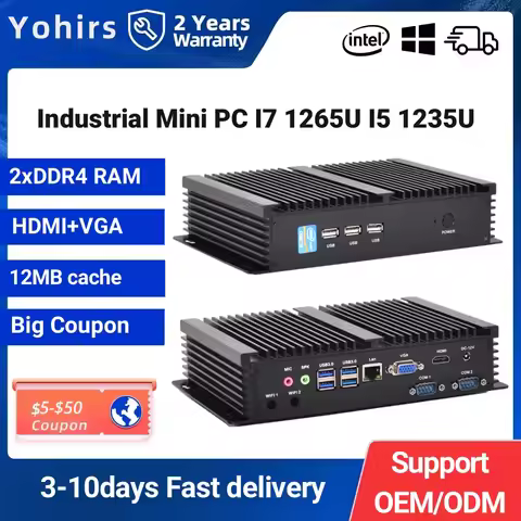 Yohirs 12th Gen Industrial Mini PC Intel Core i7 1255U i5 1235U 2*DDR4 2*RS232 Com HD VGA 5G SIM Car