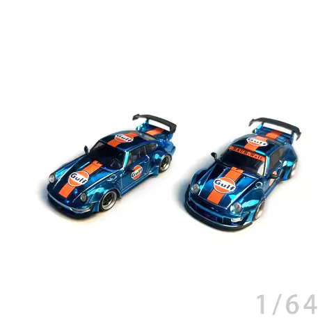 Flame 1/64 Porsche RWB 993 964 Gulf Painted Chrome Blue Acrylic Display Box Diecast Car Model