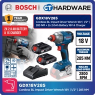 Bosch GDX18V285 Cordless Brushless Impact Driver Wrench 18V | 1/2" | 285NM Come with 2x 2.0Ah 18V Ba