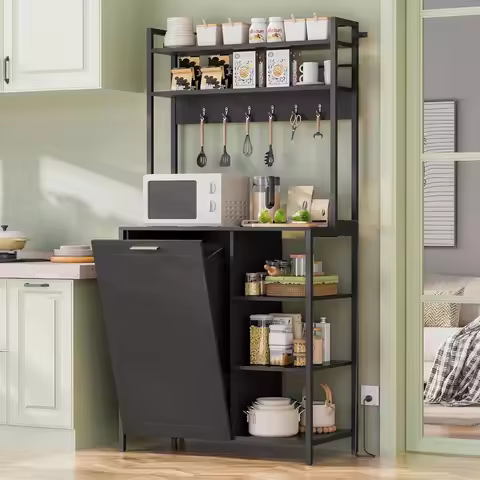 US Shipping Kitchen Bakers Rack with Storage Shelf Microwave Stand Oven Cabinet with Tilting Trash C