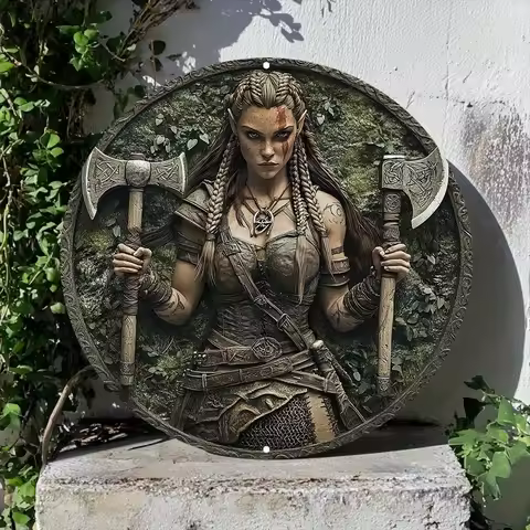 2D 1 Piece 2D Viking Warrior Woman Theme Sign 20cm Round Wooden Decorative Sign Room Home Bar Decora