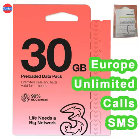 Europe 30Days UK Three Sim Card,UK 10/30/60GB Data (Europe 12GB Data),Unlimited Talk & Texts,UK Phon