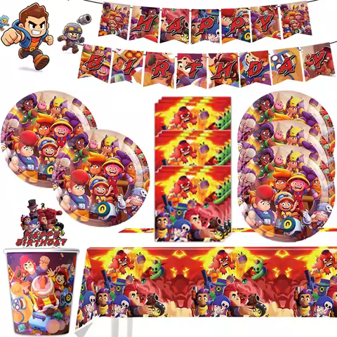 Birthday Party Decoration Balloons Tableware Set Paper Plates Cups Tablecloth Napkins Game Brawl Sta