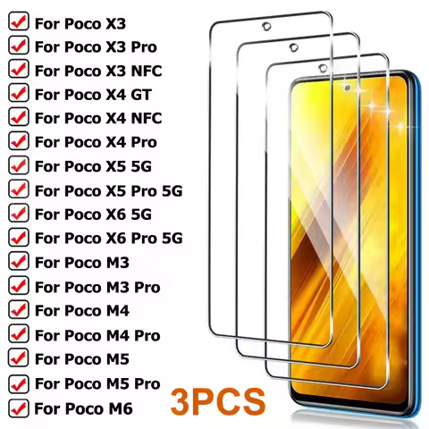 3PCS Protective Glass for Poco X3 X4 GT X5 X6 Pro NFC 5G Screen Protector for Xiaomi Poco M6 M5 M5S 