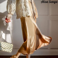 (Cle)  Alisa.Sonya  กระโปรงทรงดินสอ Alisa.sonya ของผู้หญิงเอวสูงสไตล์หรูหราผ้าซาตินนุ่มทางการสำหรับท