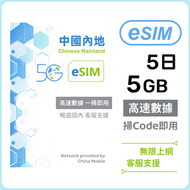 內地【eSIM】5日 5GB 高速5G/4G 無限上網數據卡電話卡 中國大陸數據eSIM