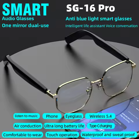 SG-16Pro New Trendy Smart Glasses Anti Blue Light Gold Frame Sunglasses Music Stereo For Jogging Wor