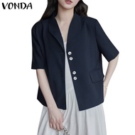 VONDA Women Korean Short Sleeves V-Neck Turn-Down-Collar H LIne Blazer