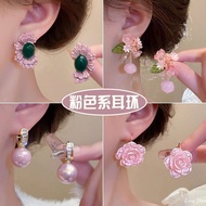 New Chinese Retro Begonia Flower Classical Earrings Pink Green Flowers Asymmetrical Palace Style Med