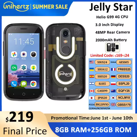 Unihertz Jelly Star Mini Smartphone Android 13 8GB 256GB Led Light Unlocked Transparent Backshell Ce
