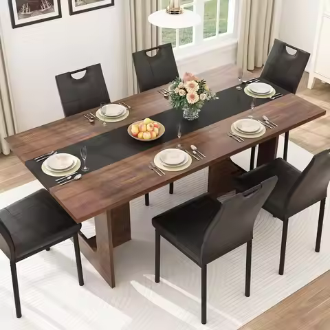 71 Inch Rectangular Dining Table for 6-8 People, Farmhouse Wood Kitchen Table with Wooden Legs, Farm