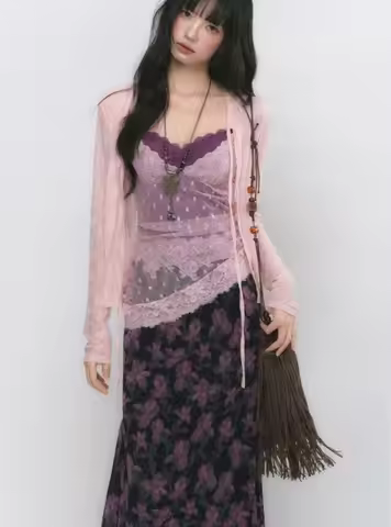 Sweet 3 Piece Sets Women Sun Protection Lace Bandage Cardigan + Patchwork Slim Fit Vest + Vintage Fl