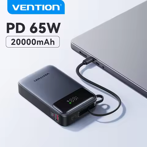 Vention 65W Power Bank 20000mAh Built-in USB-C Cable Portable Powerbank for Laptop PD Fast Charger f