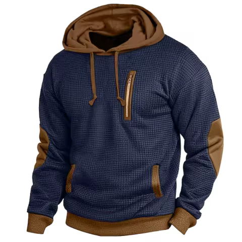 2025 Men's Vintage Waffle Hoodie with Contrast Elbow Patches & Pocket | Retro Pullover Sweatshirt | 