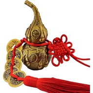 Chinese Good Luck Wu Lou, Feng Shui Brass Gourd Cucurbit with 5 Coins Chinese Hu Lu Gourd for Office