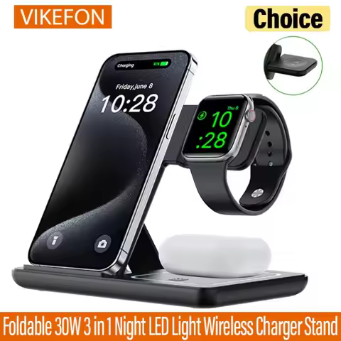 3 in 1 Foldable 30W Night LED Light Wireless Charger Stand For iPhone Samsung Apple Watch 2-8 SE Air