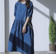 【棉麻手工藍染】 圓領高腰/雙色連衣裙