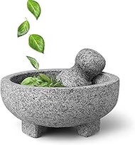 Flexzion Granite Mortar and Pestle Set - Solid Granite Stone Grinder Bowl Holder 6 Inch Molcajete For Guacamole, Herbs, Spices, Garlic, Kitchen, Cooking, Medicine