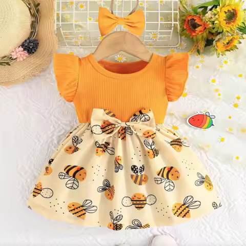 Baby Girl Year Old 0-3 Dress (0-3 Year Old Baby Girl Dress) Summer New Yellow Little Fly Sleeves Cut