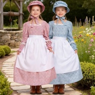 Colonial Prairie Girl Dress with Apron Flower Badge Historical Pioneer Costume Victorian Long Dress 