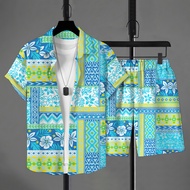2025 Summer Beach Outfit Men Casual Shirts Short-sleeved Hawaiian Style T Shirt Beach Pants Breathab