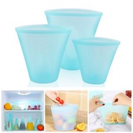 三件套環保杯型矽膠袋 收納拉鍊自封袋 冰箱儲存保鮮袋 密封袋 易攜帶純矽膠保鮮碗 藍色