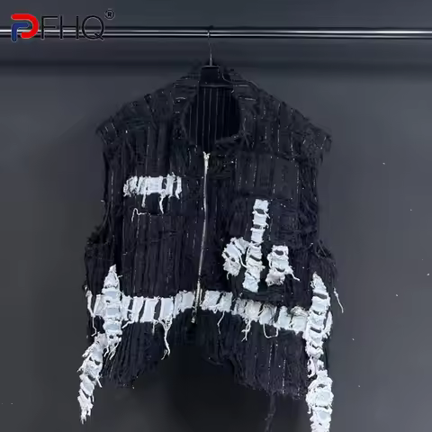 PFHQ Fashion Denim Patchwork Vest For Men New Men's Stand Collar Zipper Sleeveless Contrast Color Ja