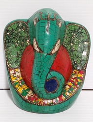 Bronze Statue Of Vintage Design Shree Ganesha With Turquoise Lapis And Coral Stones 9.5cm