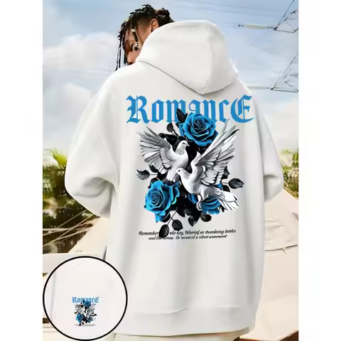 2025 Men's Gothic Romance Sport Hooded Sweatshirt - Thick Winter Pullover with Blue Rose & White Dov