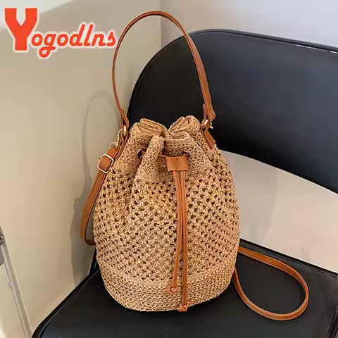 Summer Braided Straw Bucket Bag For Women Simple Drawstring Shoulder Crossbody Bag Travel Beach Bag 