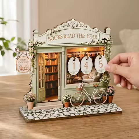 2D Flat Wooden Reading Tracker Vintage Book Calendar Book Tracker Sign Fairy House Flip Tile Counter