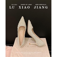 เรียบหรู Pearl Rhinestone รองเท้าส้นสูง หนัง รุ่น Fairy Tale สไตล์เจ้าสาวรองเท้า SHARP Pointed Toe ร