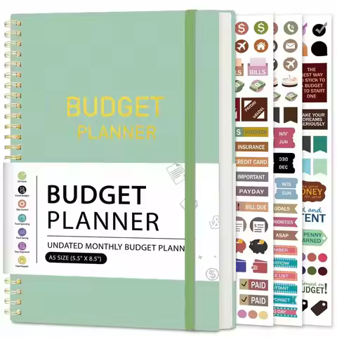 A5 Undated Monthly Budget Planner with Stickers, Spiral Finance Organizer Expense Tracker Notebook f