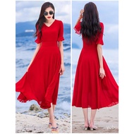 新年連衣裙 Red Dress 30-40-50-60-70 Years Old Middle-aged Elderly Long Large Swing Chiffon Loose Slimmer Look Korean Version Beach Dress New Year Gift 新年衣服 喜庆 过年