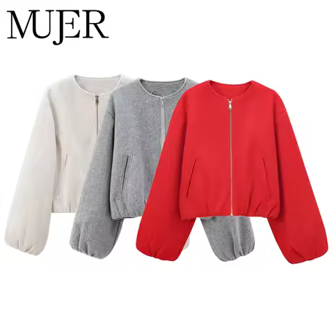 MUJER Red Zipper Bomber Jackets for Women Soft Cropped Jackets Woman 2025 Long Sleeve Woman's Sports