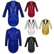 Lorilida Kids Boys Full Sequin Tailcoat Satin Peaked Lapel Open Front Long Sleeve Blazer for Magic S
