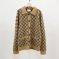 代購 義大利奢侈時裝品牌Gucci 古馳咖啡色羊毛菱格緹花長袖針織外套