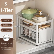 Bathroom Storage Rack With Pull-out Basket Layered Shelves Carbon Steel Under Sink Shelf Seasoning B