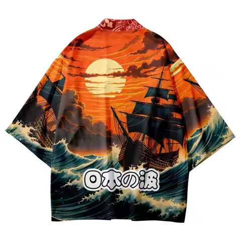 Plus Size 5XL 6XL Japanese Waves Print white Cardigan Haori Fashion Women Beach Kimono Streetwear Me