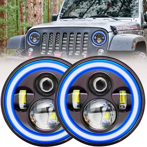 7 Inch Round LED Headlight H4 Blue Halo Angel Eyes Jeep Wrangler Motorcycle Universal Headlamps 3000
